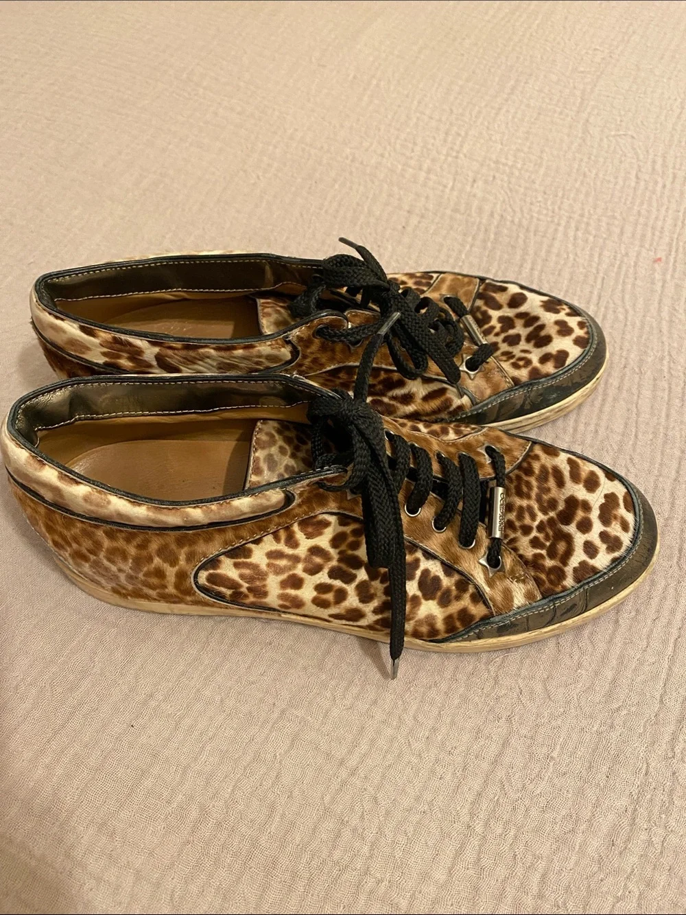 ImmJIMMY CHOO Leopard Print Leather Lace-Up Sneakers - Designer Style. Size 37.5